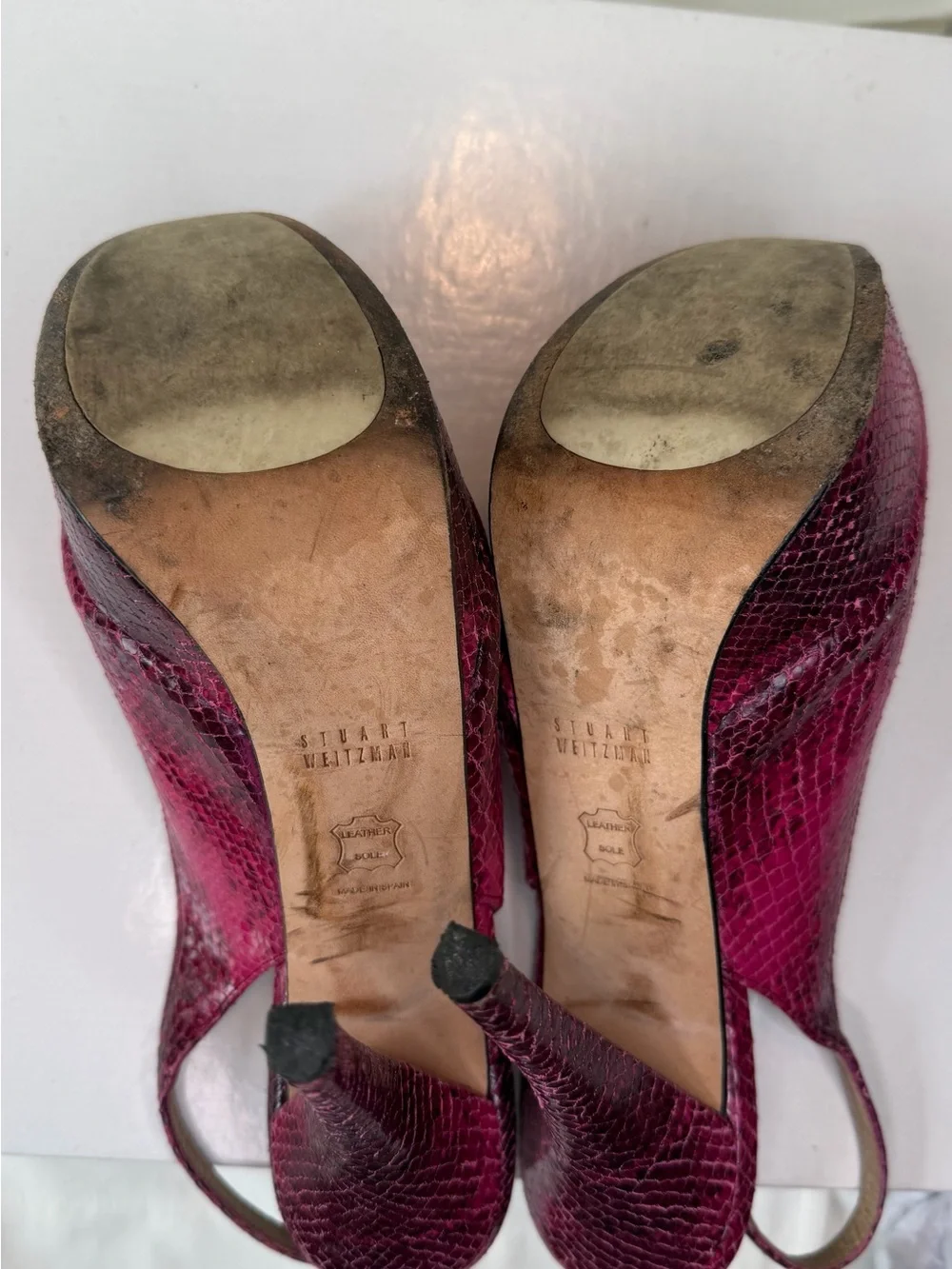 Stuart Weitzman Fuchsia Snakeskin Peep-Toe Slingback Heels